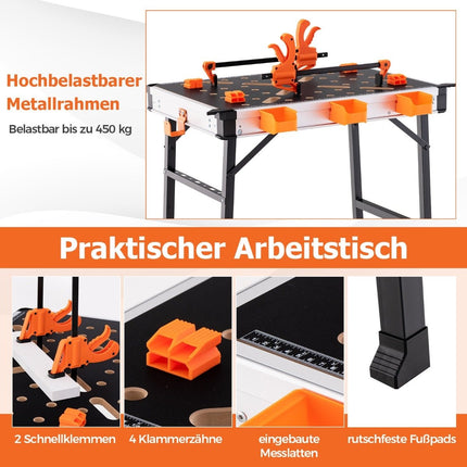 Foldable work table workbench with 2 quick clamps, 3 tool boxes and metal frame