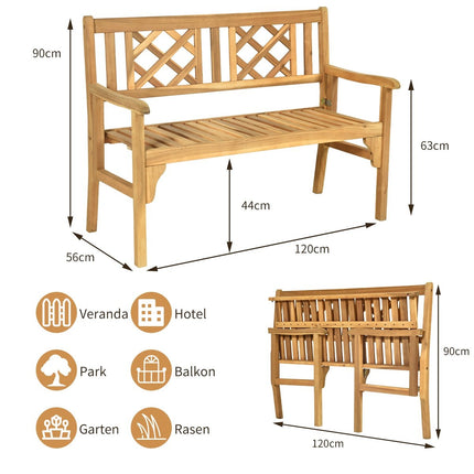 Folding Acacia Wood Garden Bench, 2-Seater, Natural Finish