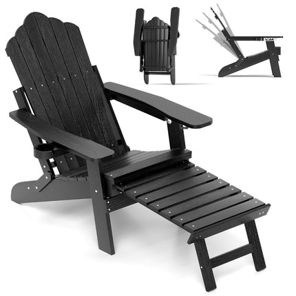 Folding Adirondack Chair with Footrest & Adjustable Backrest Garden Chair with Cup Holder Black