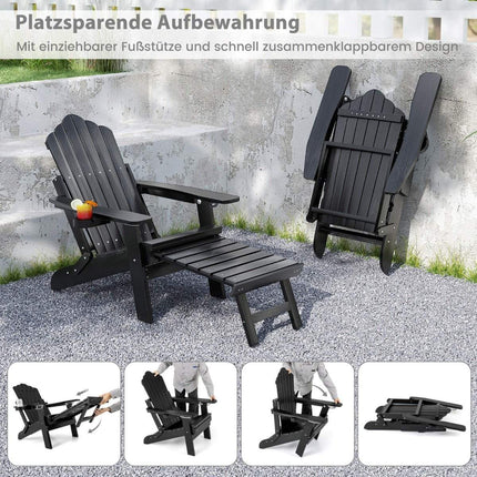 Folding Adirondack Chair with Footrest & Adjustable Backrest Garden Chair with Cup Holder Black