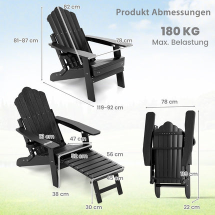 Folding Adirondack Chair with Footrest & Adjustable Backrest Garden Chair with Cup Holder Black