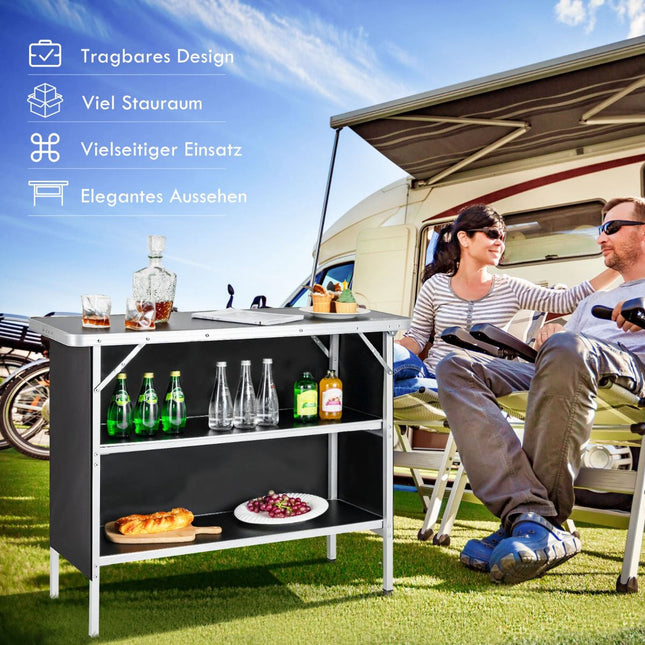 Opklapbare aluminium campingtafel met 2 schappen, zwart