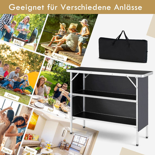 Opklapbare aluminium campingtafel met 2 schappen, zwart