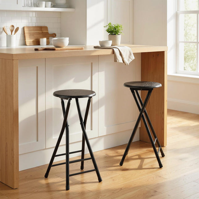 Folding Bar Stools, Steel & MDF, Set of 2, Black
