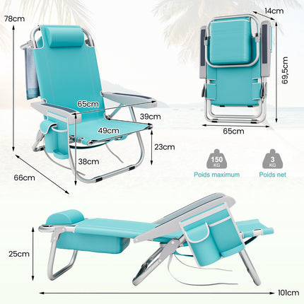 Folding Beach Chair, 5-Position Recline, 150 kg