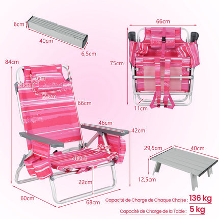 Folding Beach Chair Set, 2 Chairs, Table, 5-Position Backrest