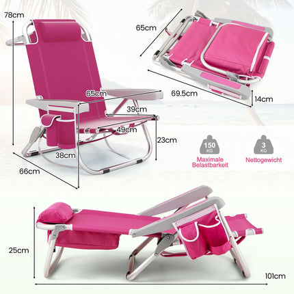 Folding Beach Chair Set, Adjustable Backrest, Pink