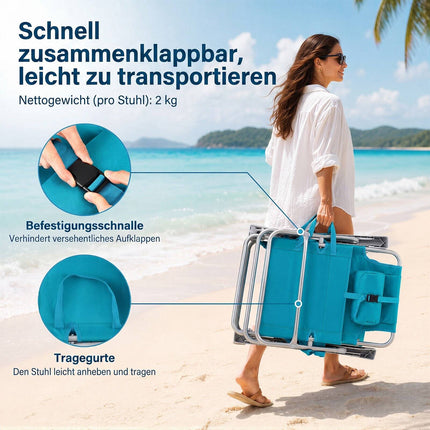 Folding Beach Chair Set, Adjustable Recline, Turquoise