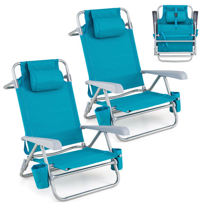 Folding Beach Chair Set, Adjustable Recline, Turquoise