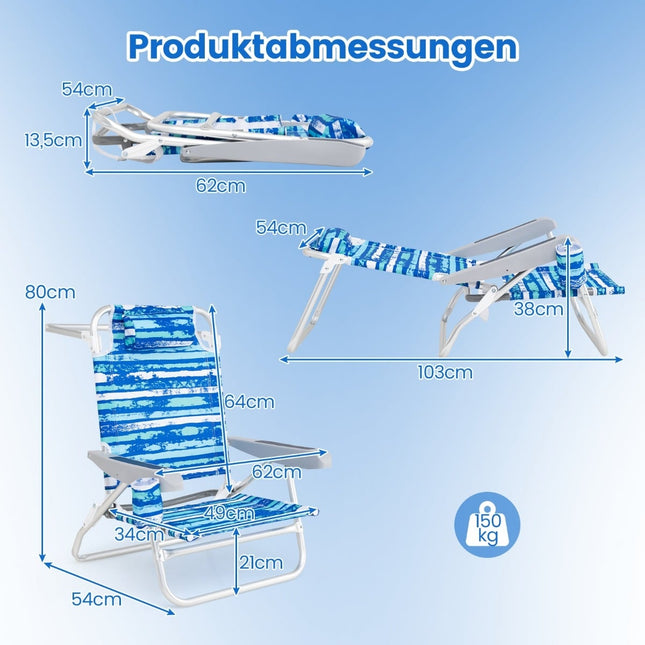 Set van 2 opklapbare strandstoelen, verstelbaar, blauw