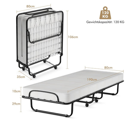 Folding Bed with Wheels, Memory Foam Mattress, 190x80 cm