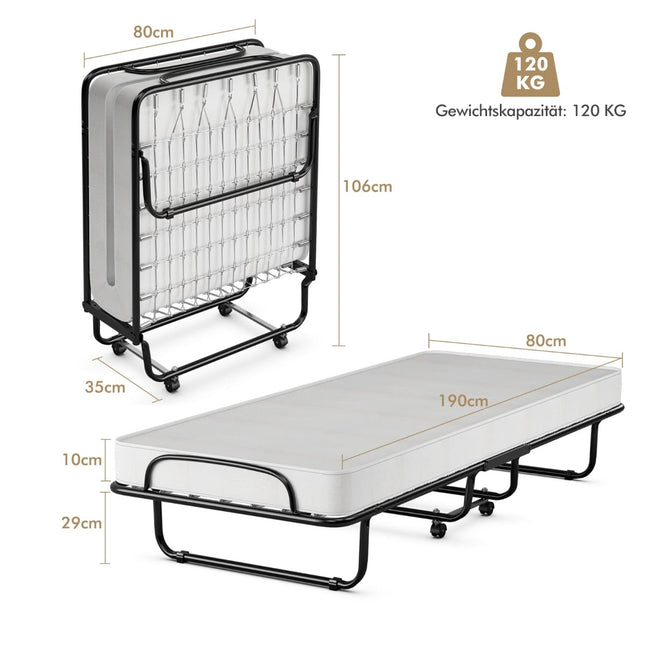 Folding Bed with Wheels, Memory Foam Mattress, 190x80 cm
