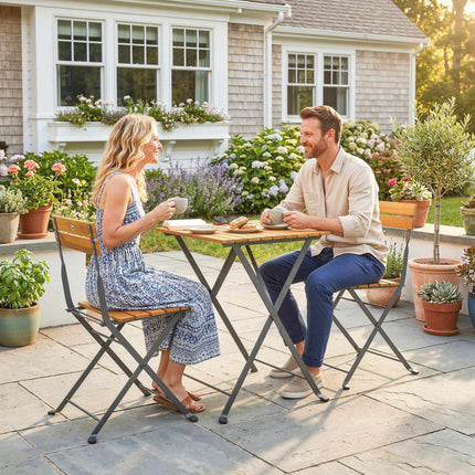 Folding Bistro Set for 2, Teak Acacia Wood & Steel