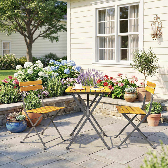 Folding Bistro Set for 2, Teak Acacia Wood & Steel