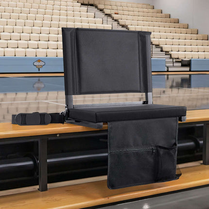 Folding Bleacher Seat with Back Support, Cup Holder, Black