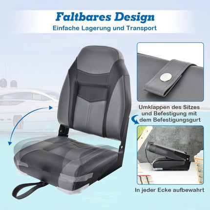 Folding Boat Seat Set, High Back, Thick Cushion, Black