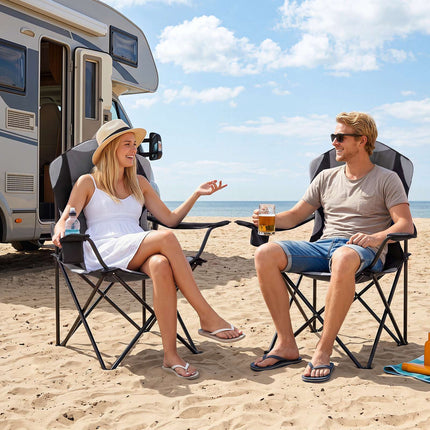 Folding Camping Chairs with Cup Holders, Black – 2 Pack
