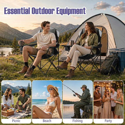 Folding Camping Chairs with Cup Holders, Black – 2 Pack