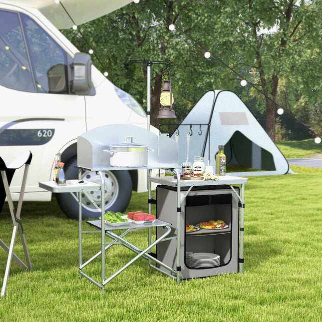 Outdoor folding camping kitchen with UV and wind protection