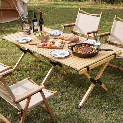 Folding Camping Table, 48 Inch Pine Wood With Carry Bag