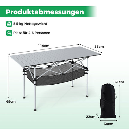 Folding Camping Table with Roll-Up Aluminum Top, Silver