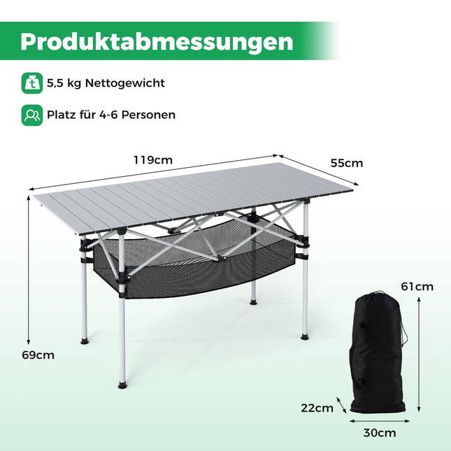 Folding Camping Table with Roll-Up Aluminum Top, Silver