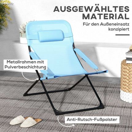 Adjustable blue camping chair, cushion, supports 120 kg