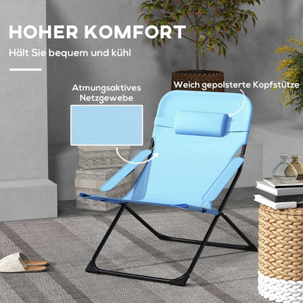 Adjustable blue camping chair, cushion, supports 120 kg