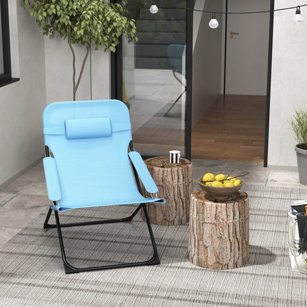 Adjustable blue camping chair, cushion, supports 120 kg