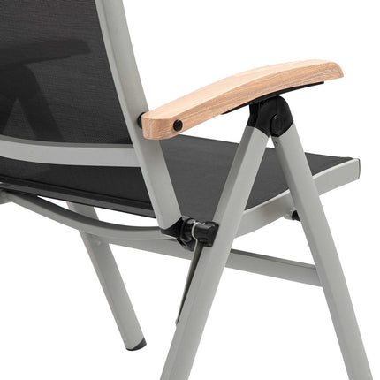 Folding garden chair in aluminium, black & silver, backrest in mesh
