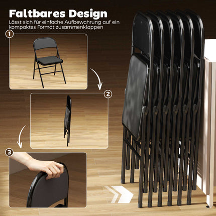 Folding Chairs Set of 6, Black Faux Leather, Steel Frame