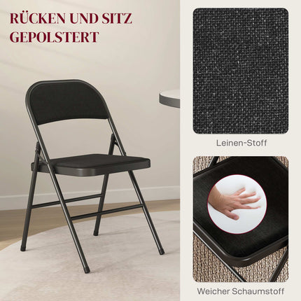 Folding Chairs Set of 6, Black, Steel Frame, Linen Look