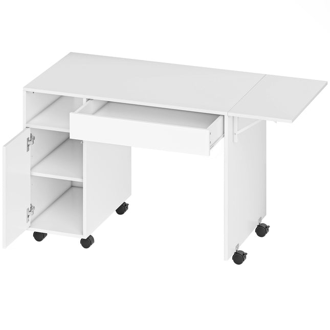 Folding Computer Desk with Cabinet and Drawer, White