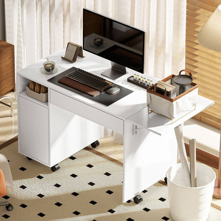 Folding Computer Desk with Cabinet and Drawer, White