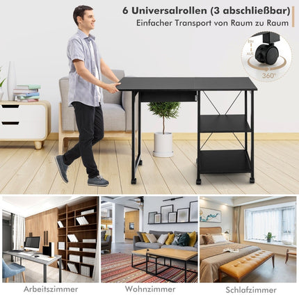 Folding Computer Desk with Shelves & Wheels, Black