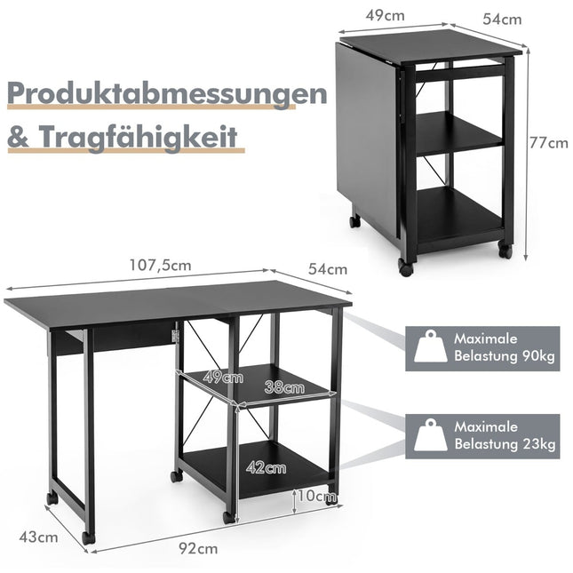 Folding Computer Desk with Shelves & Wheels, Black