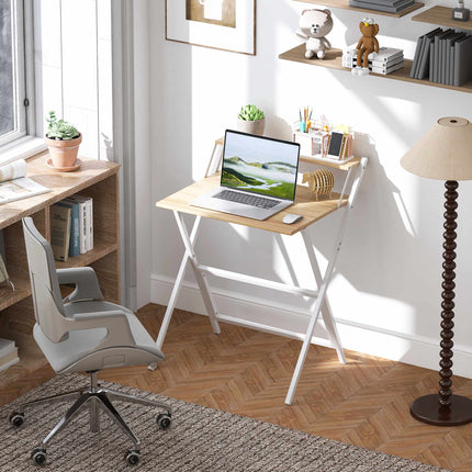 Folding Desk with Monitor Stand, 70 cm, Natural Wood