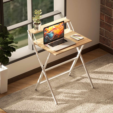 Folding Desk with Monitor Stand, 70 cm, Natural Wood