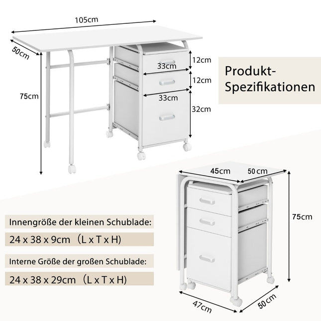 Folding Desk with Wheels Computer Desk 105 x 50 x 75 cm White