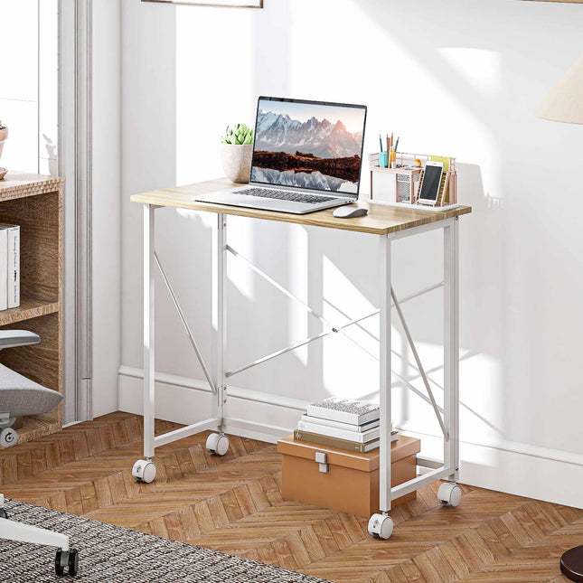 Folding Desk with Wheels, Space-Saving, Steel MDF, Natural