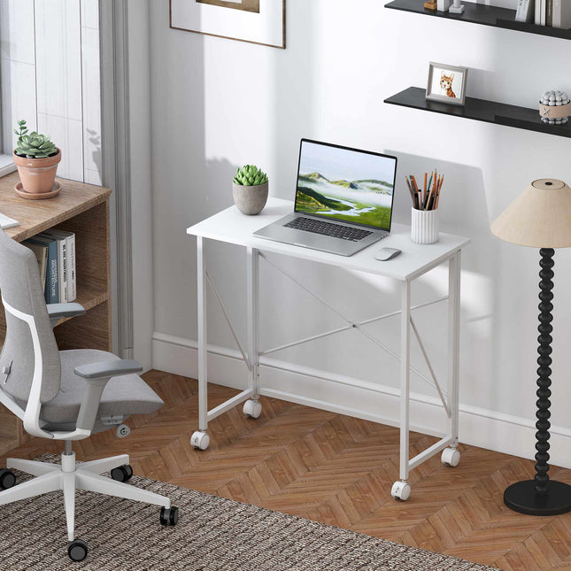 Folding Desk with Wheels, Steel Frame, 80x40x75 cm, White