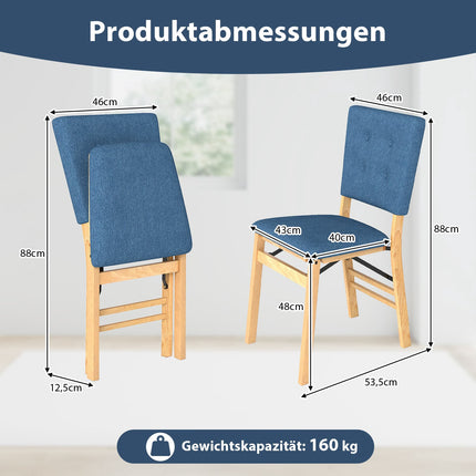 Folding Dining Chairs Set of 2, Padded Seat, Blue Linen