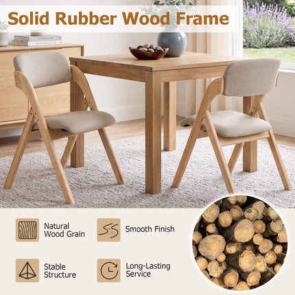 Folding Dining Chairs Set of 2, Rubber Wood, Beige Cushions