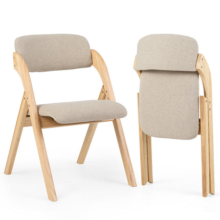 Folding Dining Chairs Set of 2, Rubber Wood, Beige Cushions