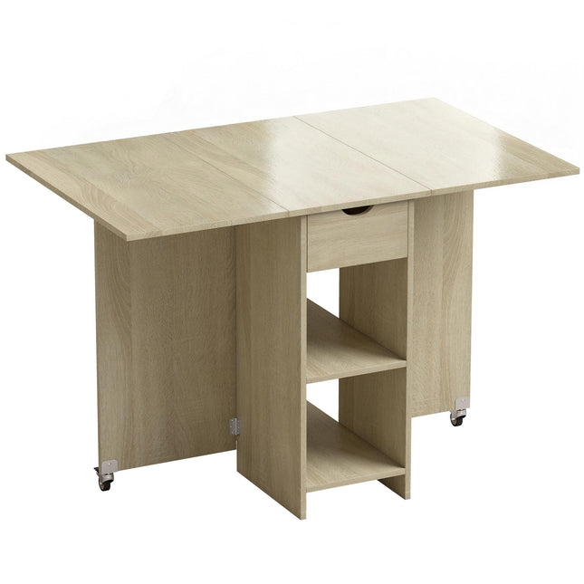 Folding Dining Table for 2-4, Rolling with Drawer, Natural Wood
