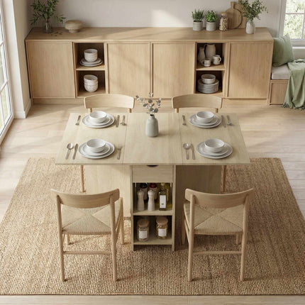 Folding Dining Table for 2-4, Rolling with Drawer, Natural Wood