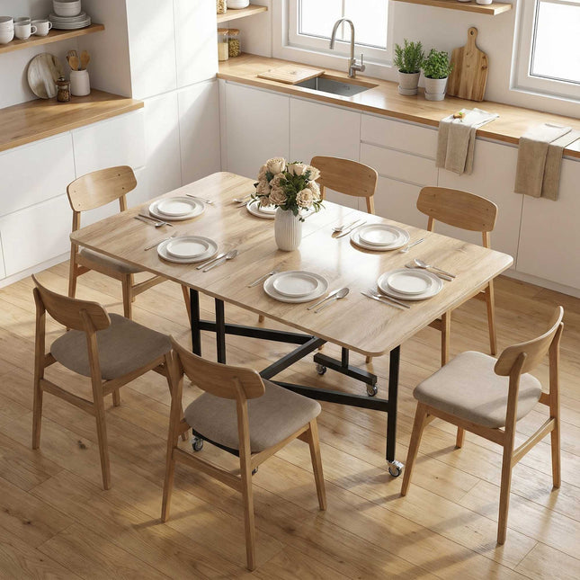 Folding Dining Table for 6, Oak Finish, Space-Saving Design