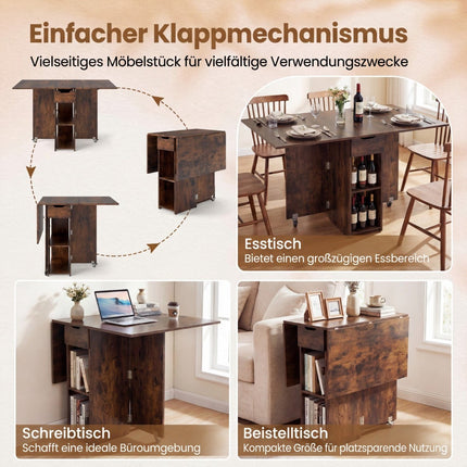 Folding Dining Table with Wheels, Shelves & Drawer