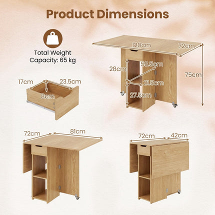 Folding Dining Table with Wheels, Shelves, Drawer
