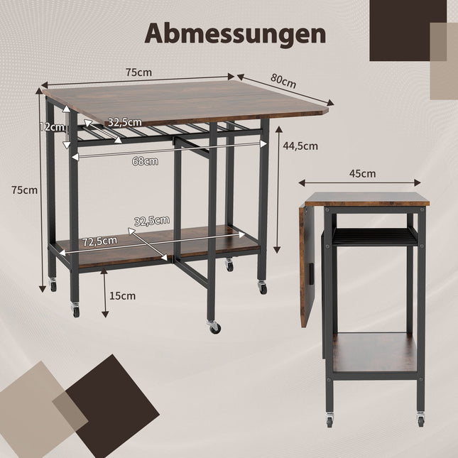 Folding Dining Table with Wheels & Wine Rack, Rustic Brown